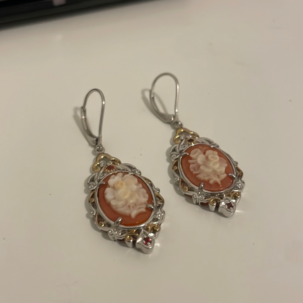 Vintage cameo pink stone sterling silver drop earrings